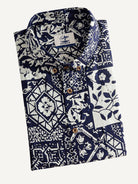 Neatly folded presentation of OROMEN Indigo Katazome Shirt