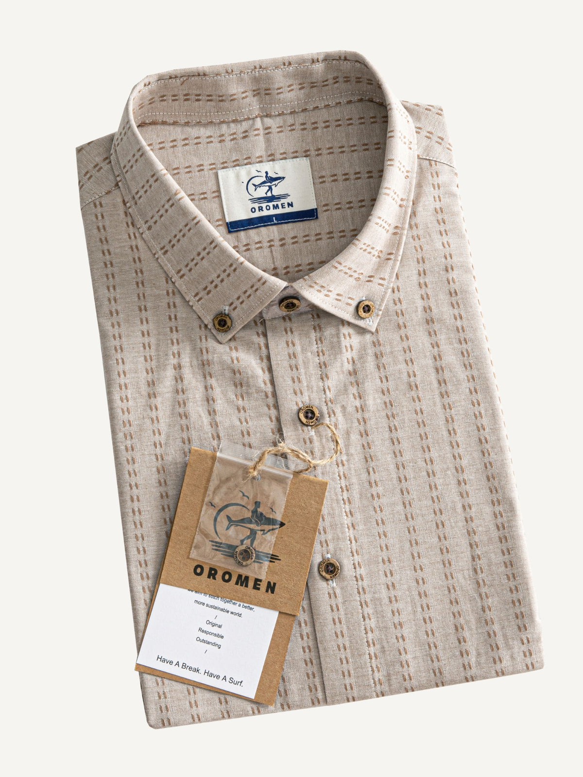 Neatly folded presentation of OROMEN Sashiko Stripe Cotton Shirt