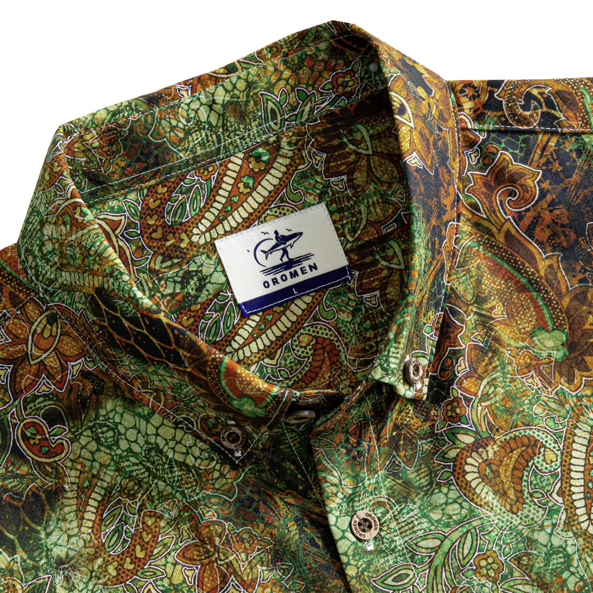 OROMEN 70s Vintage Paisley Aloha Shirt – Side Detail – Charcoal Olive Caramel