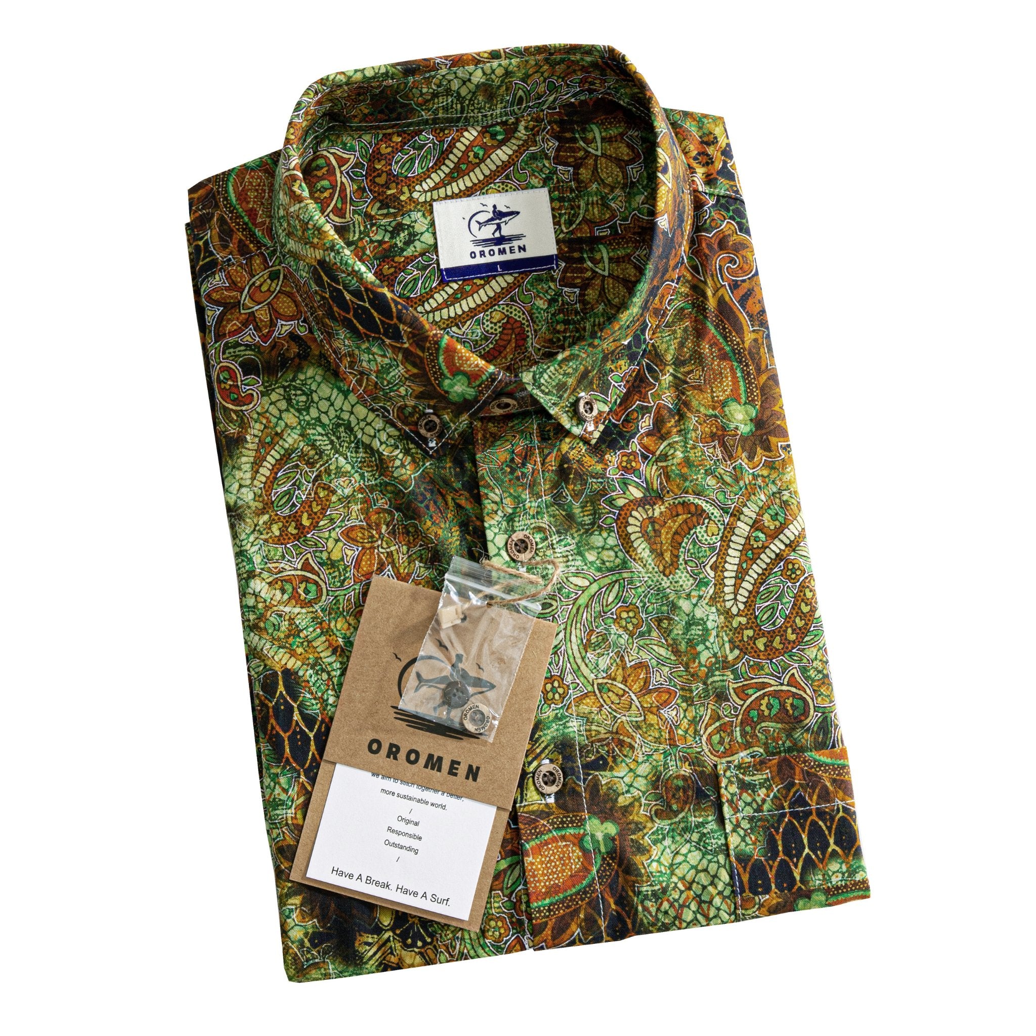 OROMEN 70s Vintage Paisley Hawaiian Shirt – Folded with Brand Tag – Retail Packaging