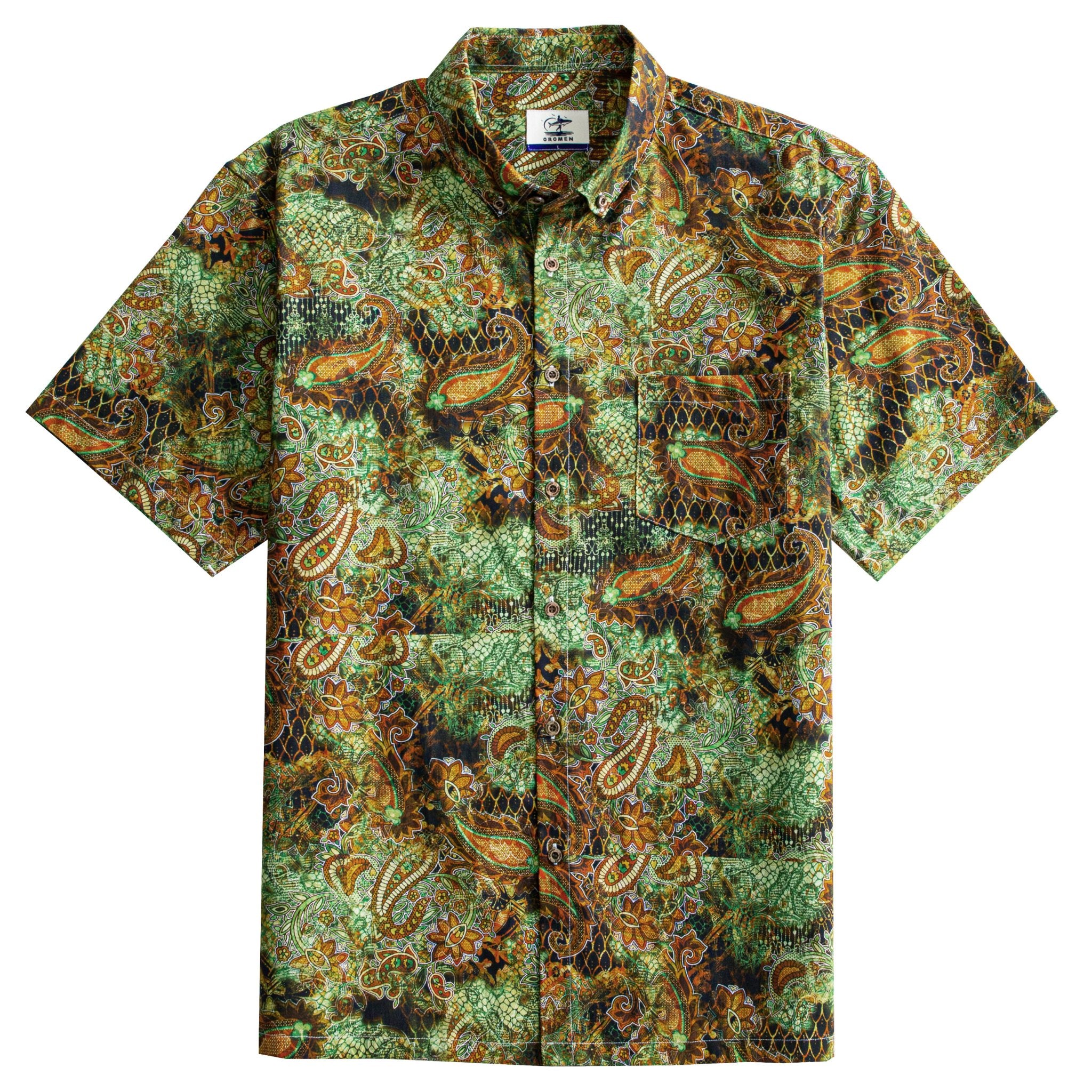 OROMEN 70s Vintage Paisley Hawaiian Shirt – Front View – Olive Green Retro Print