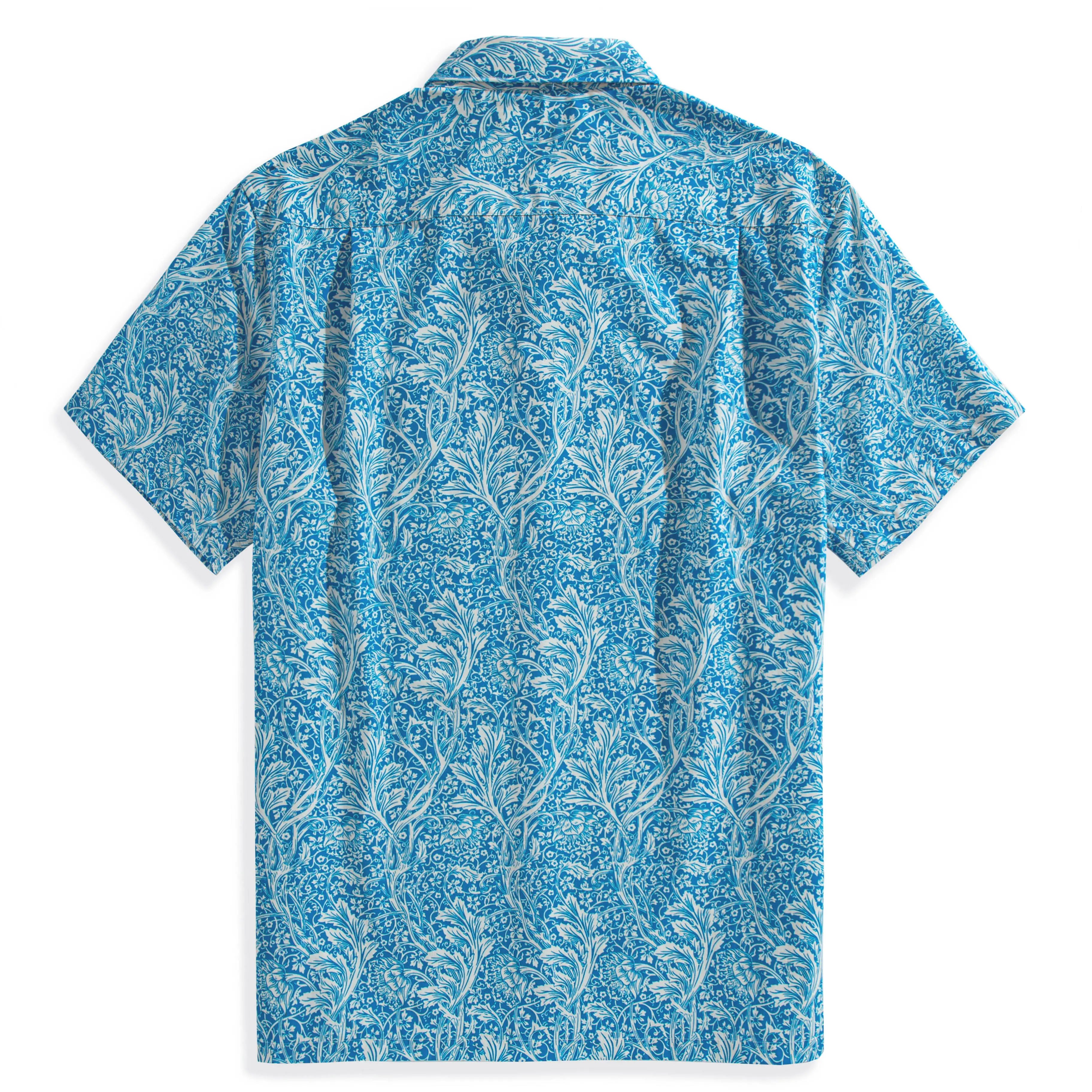 OROMEN Acanthus Leaves Aloha Shirt in Blue – Back View