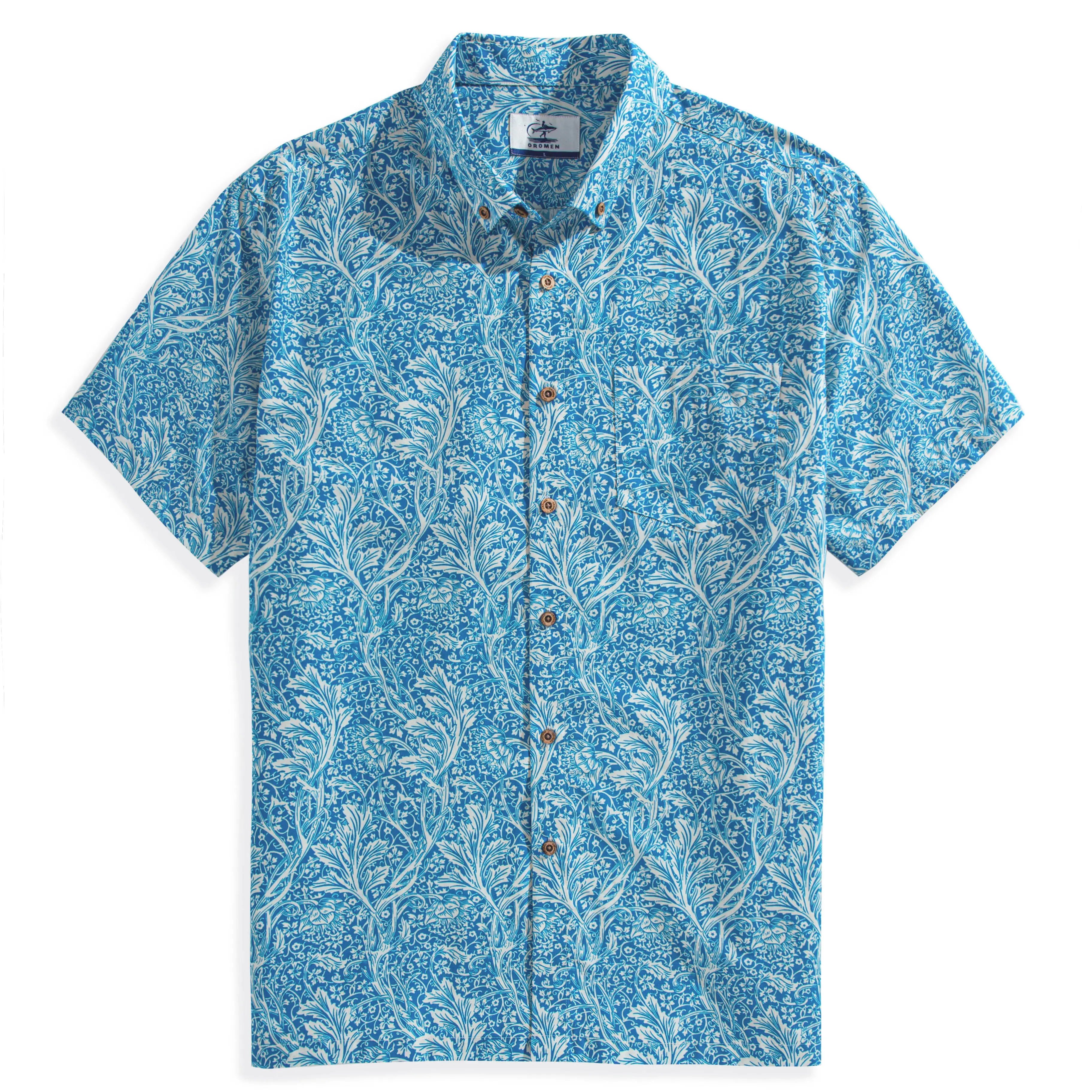 OROMEN Acanthus Leaves Aloha Shirt in Blue – Front View