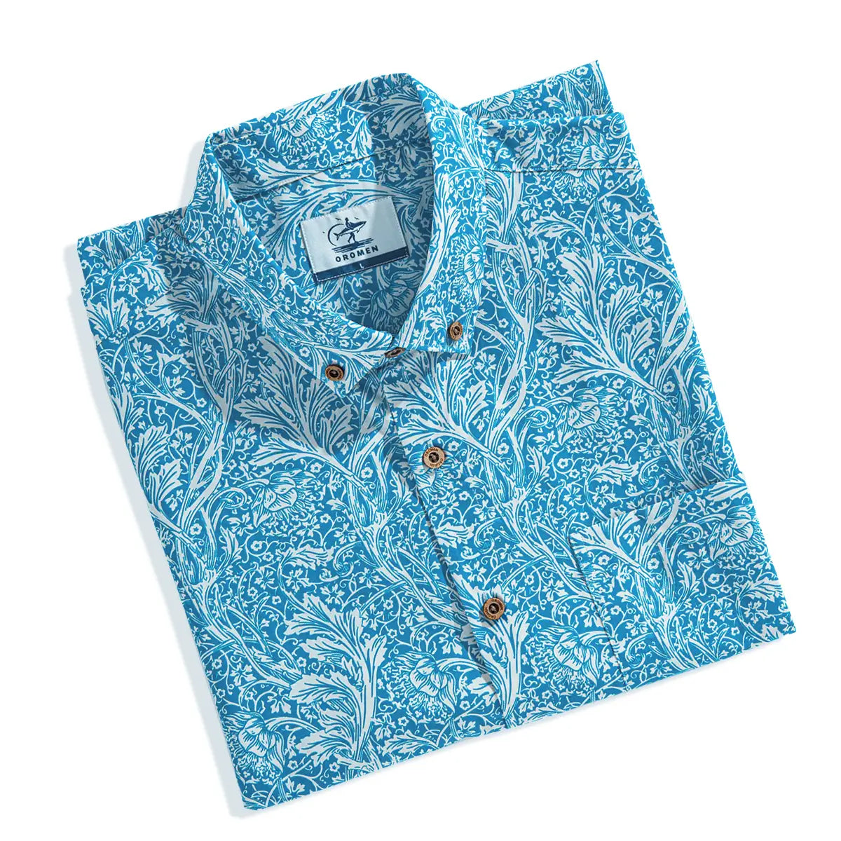 OROMEN Acanthus Leaves Aloha Shirt in Blue – Lifestyle Shot