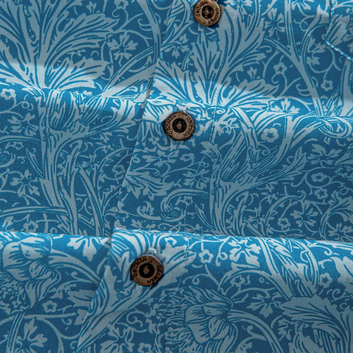 OROMEN Acanthus Leaves Aloha Shirt in Blue – Natural Coconut Buttons