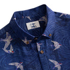 OROMEN Arctic Tern Shirt — close-up of button-down collar and OROMEN label, coconut buttons detail