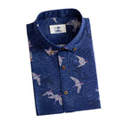 OROMEN Arctic Tern Shirt — folded flat lay, navy blue arctic tern all-over print