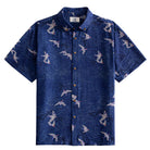 OROMEN Arctic Tern Shirt — front view, navy blue all-over seabird print, button-down collar