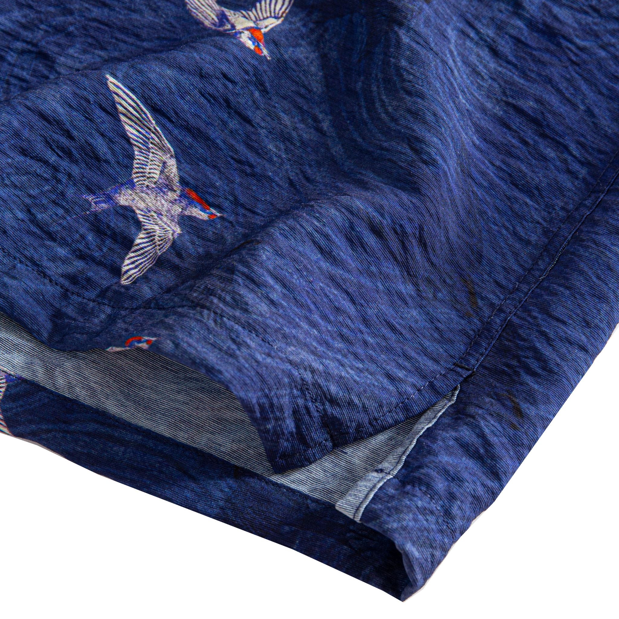 OROMEN Arctic Tern Shirt — hem and side vent detail with arctic tern all-over print