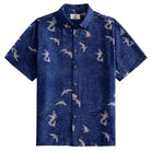 OROMEN Arctic Tern Shirt — front view, navy blue all-over seabird print, button-down collar