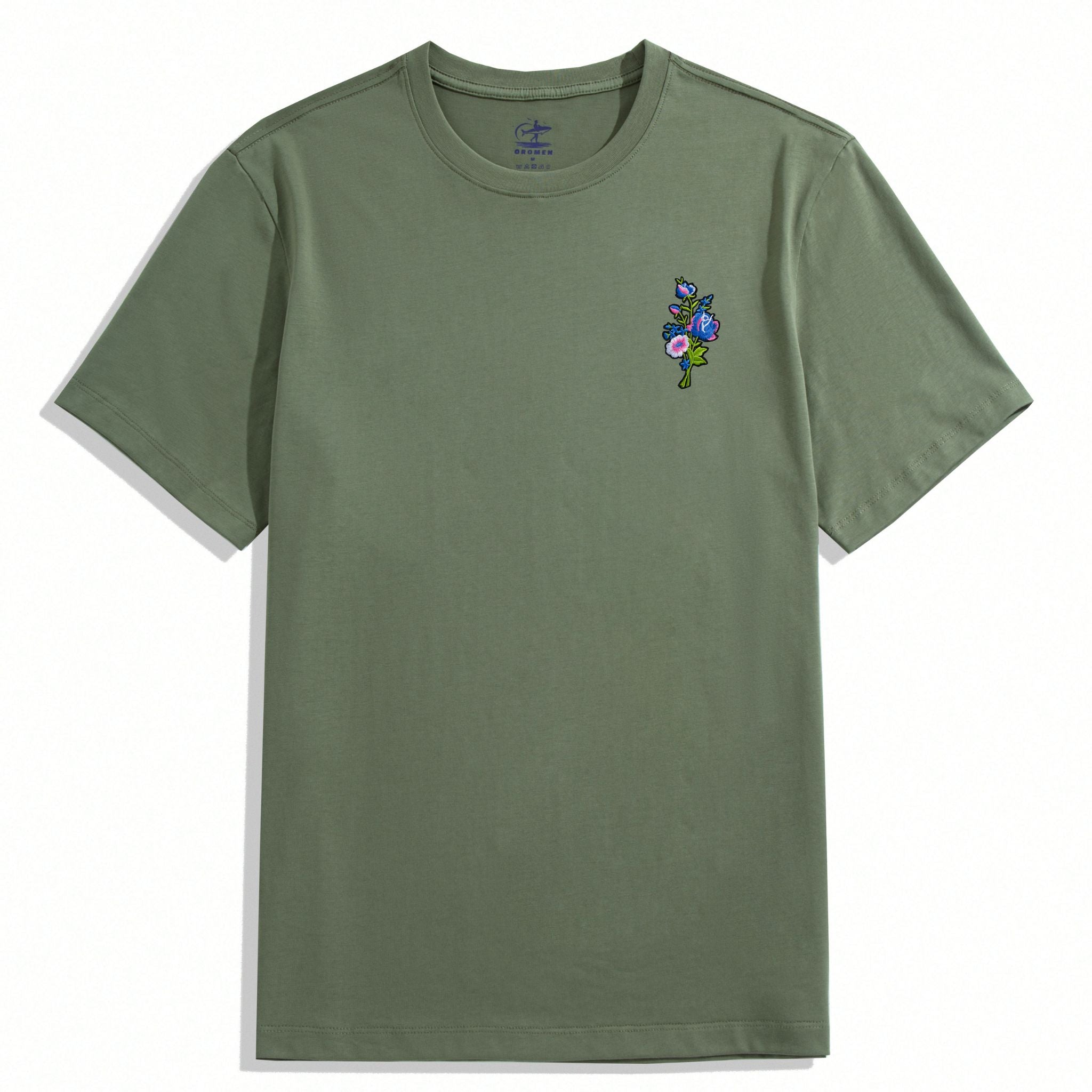 OROMEN Men's 100% Cotton T-Shirt – Floral Embroidery Casual Crew