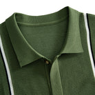 OROMEN Army Green Ice Silk Knit Polo Shirt — Spread Collar and Full Button Placket Close-Up, Vintage-Style Button Detail
