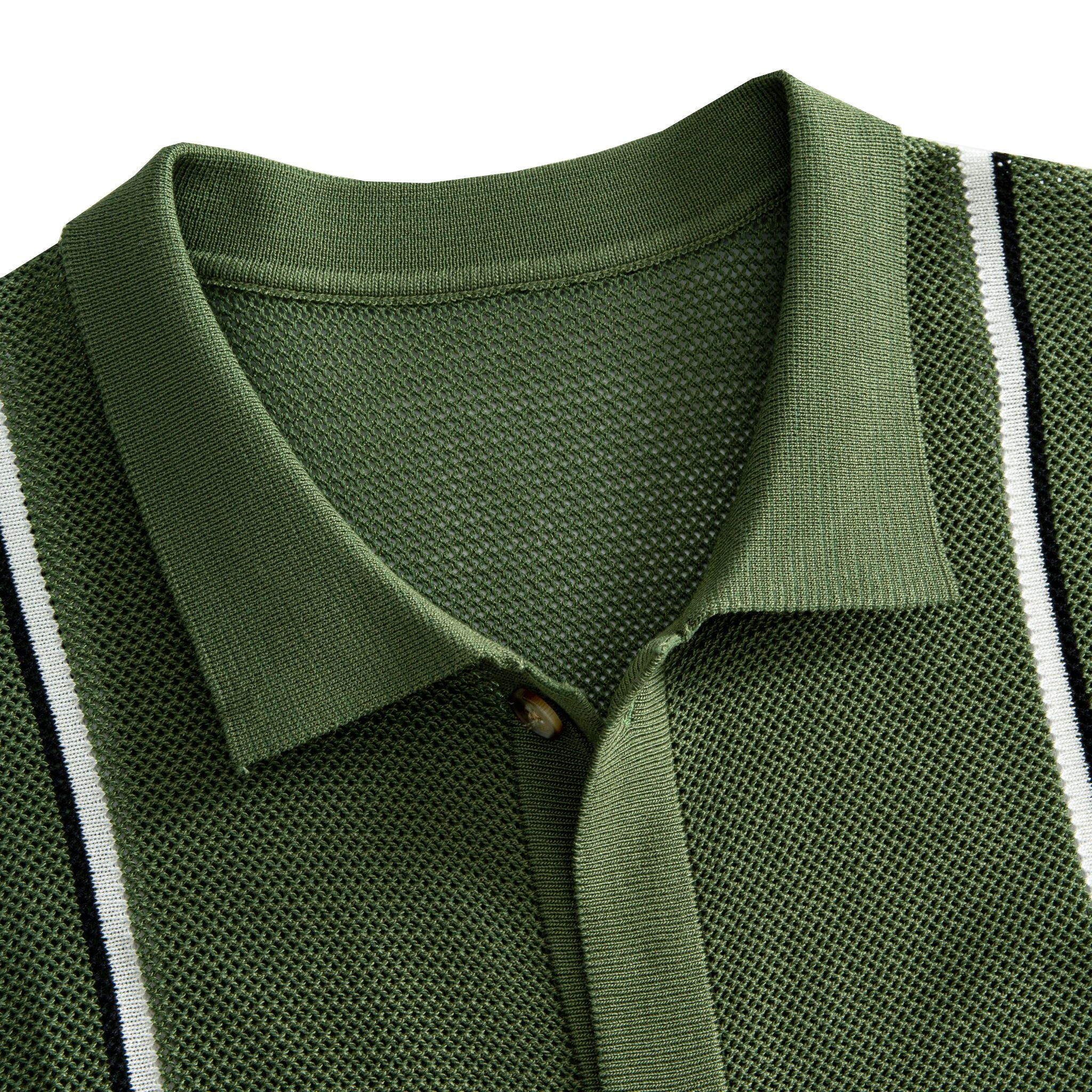 OROMEN Army Green Ice Silk Knit Polo Shirt — Spread Collar and Full Button Placket Close-Up, Vintage-Style Button Detail