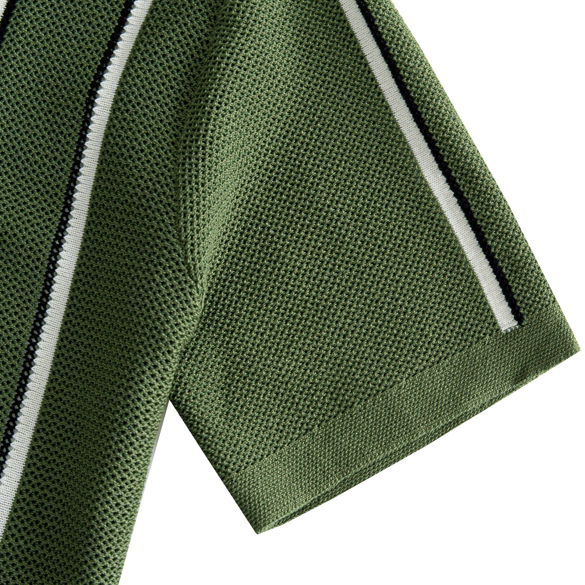 OROMEN Army Green Ice Silk Polo Shirt — Short Sleeve Cuff Detail with Vertical White and Black Contrast Stripe