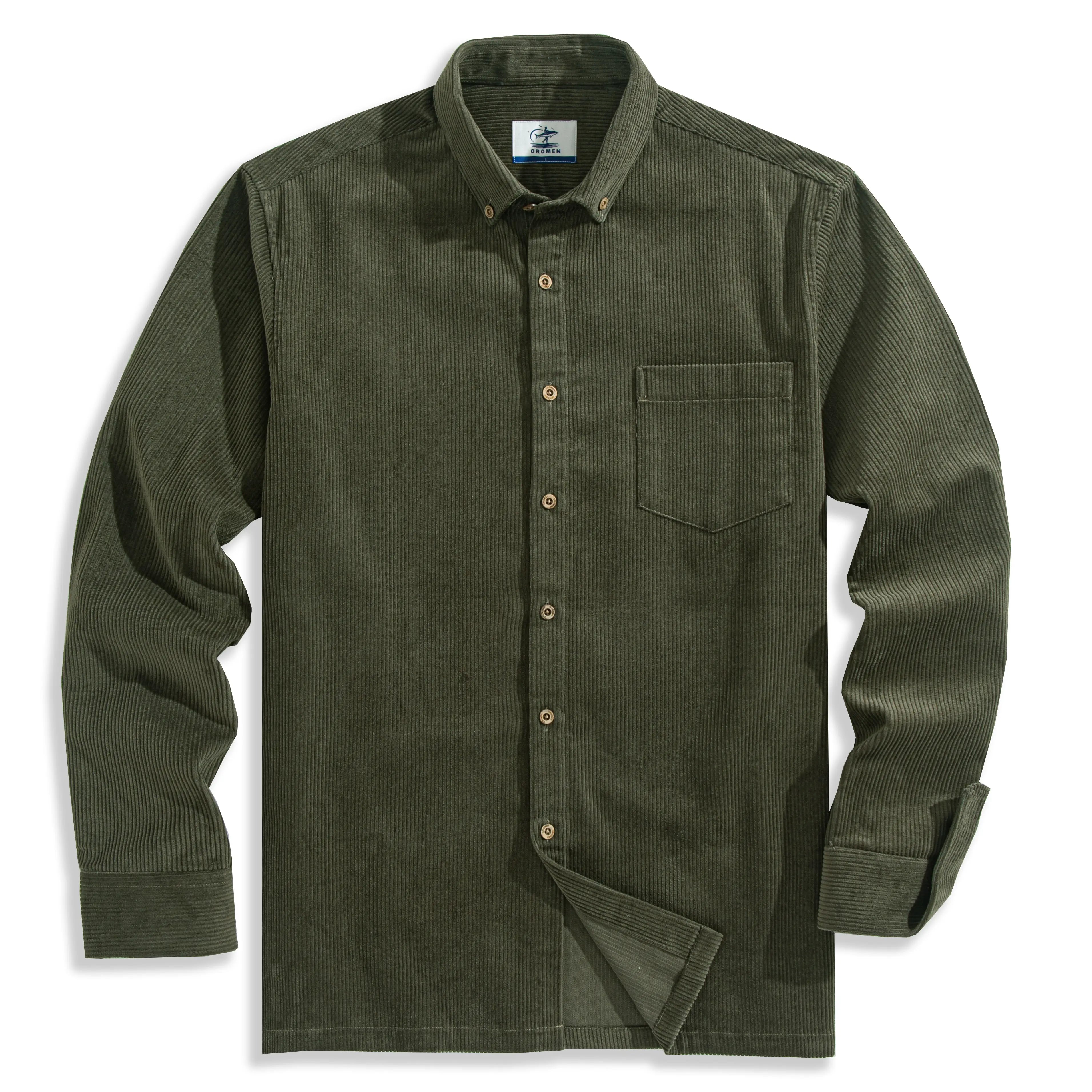 OROMEN Army Green Utility Corduroy Shirt – Front Flat Lay