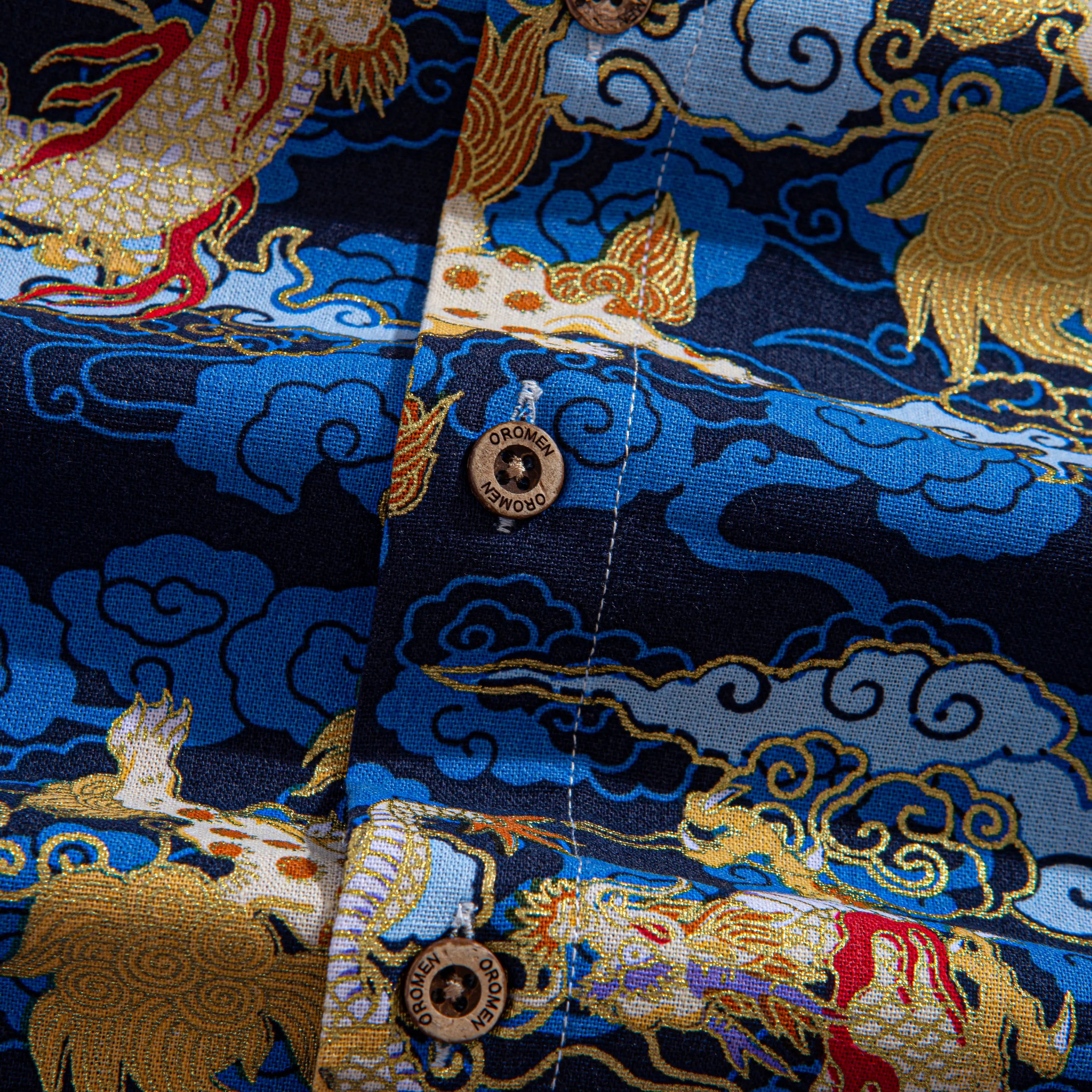 OROMEN Auspicious Clouds and Dragons Shirt – Coconut Button Detail