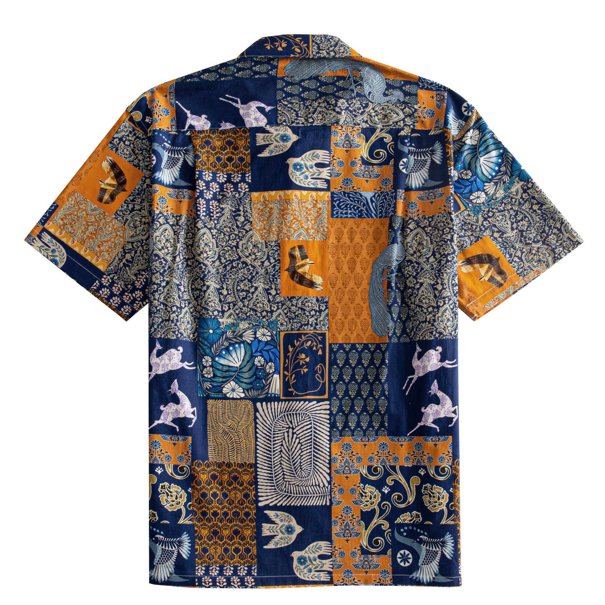 OROMEN Aviary Patchwork Hawaiian shirt back flat lay showing full patchwork block layout with peacocks, leaping deer, folk birds and fern panels in navy blue and amber orange