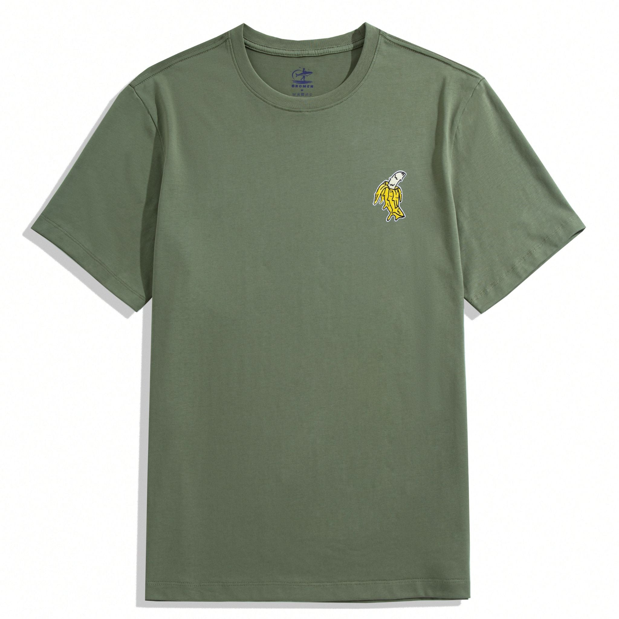 OROMEN Banana Embroidery Tee – Army Green Colorway Front View