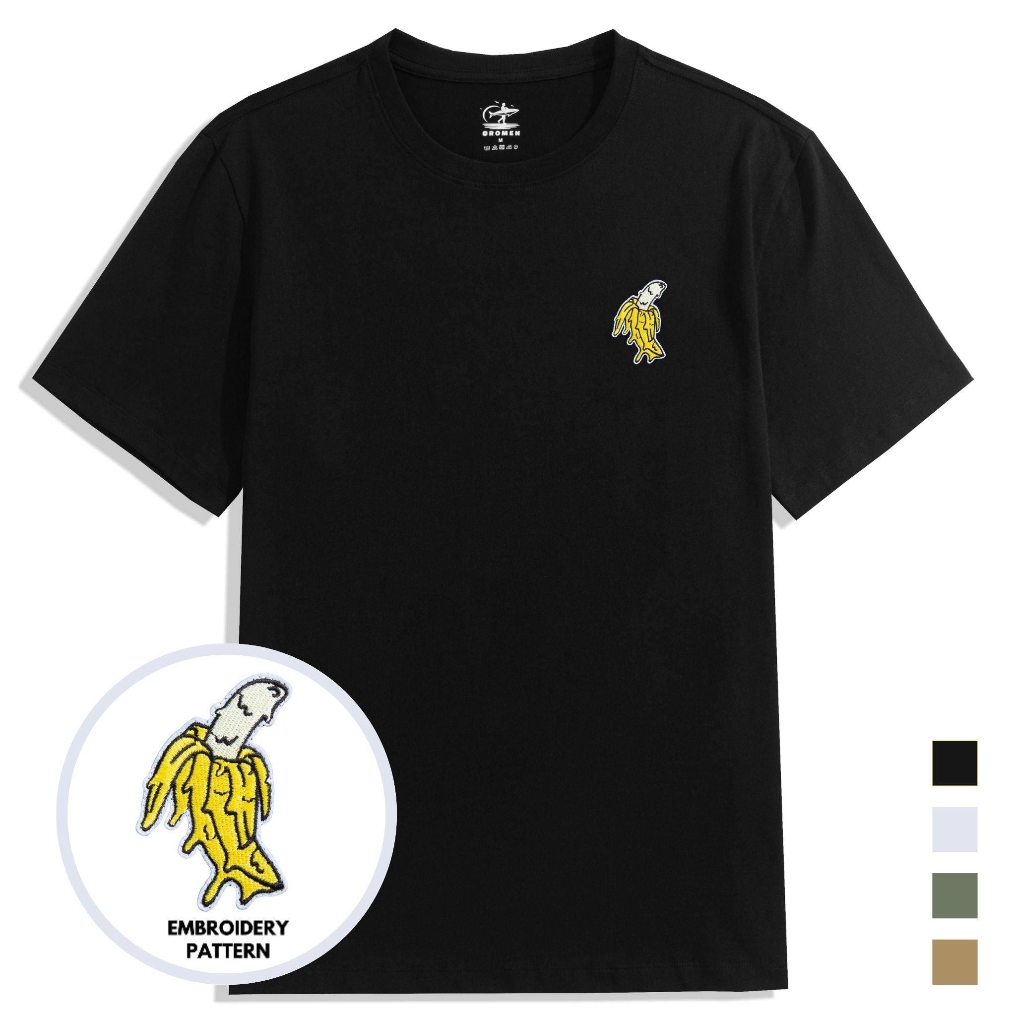 OROMEN Banana Embroidery Tee – Men's Black Cotton Crew Neck T-Shirt