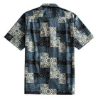 OROMEN Bandana Patchwork Hawaiian shirt back flat lay, full allover indigo and black paisley bandana patchwork
