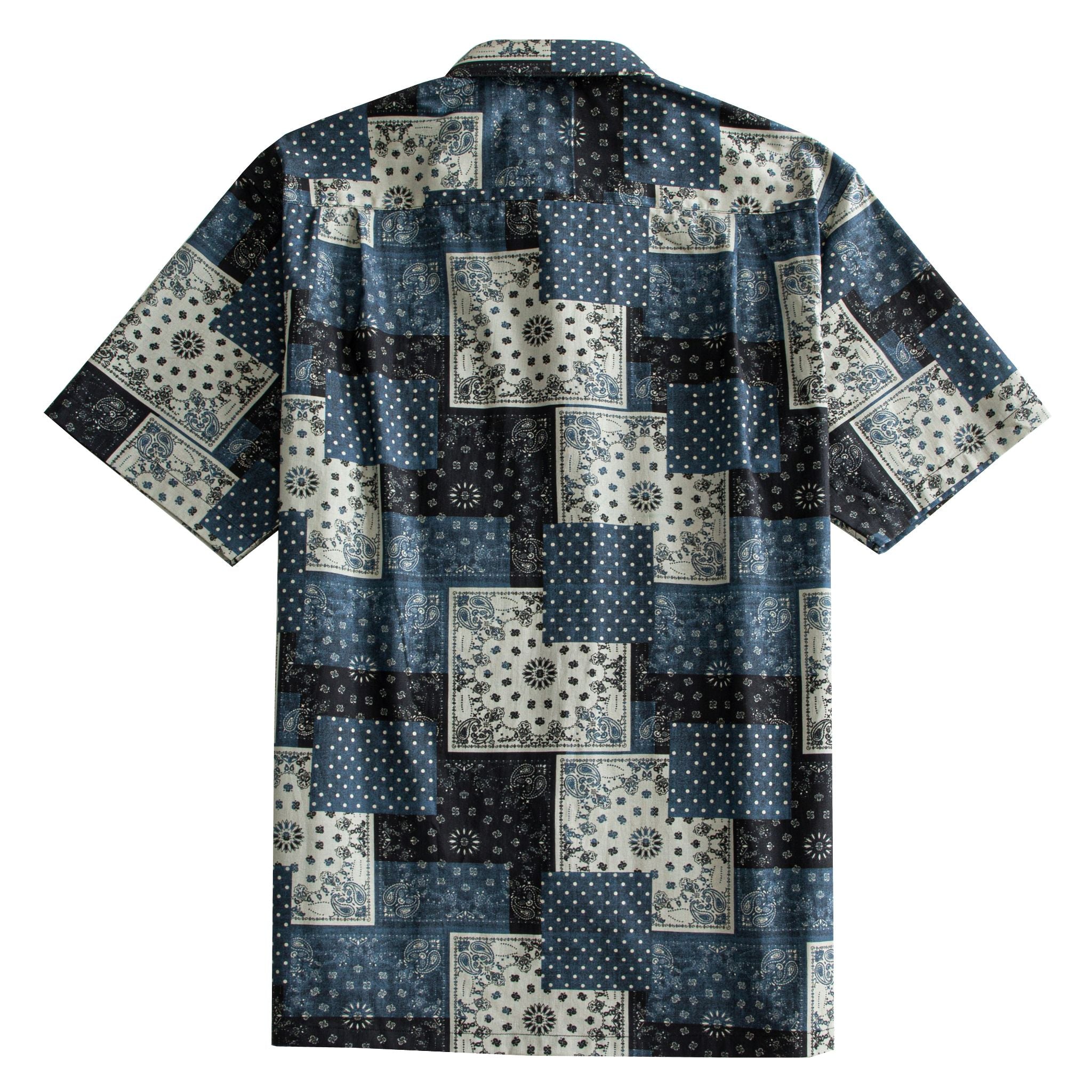 OROMEN Bandana Patchwork Hawaiian shirt back flat lay, full allover indigo and black paisley bandana patchwork