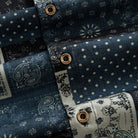 OROMEN Bandana Patchwork shirt branded coconut button close-up, indigo and black paisley bandana patchwork