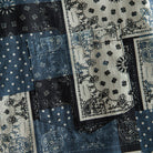 OROMEN Bandana Patchwork shirt chest pocket detail, indigo and black paisley bandana patchwork print
