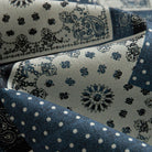 OROMEN Bandana Patchwork shirt fabric close-up, paisley and polka dot bandana patchwork in indigo and off-white cotton