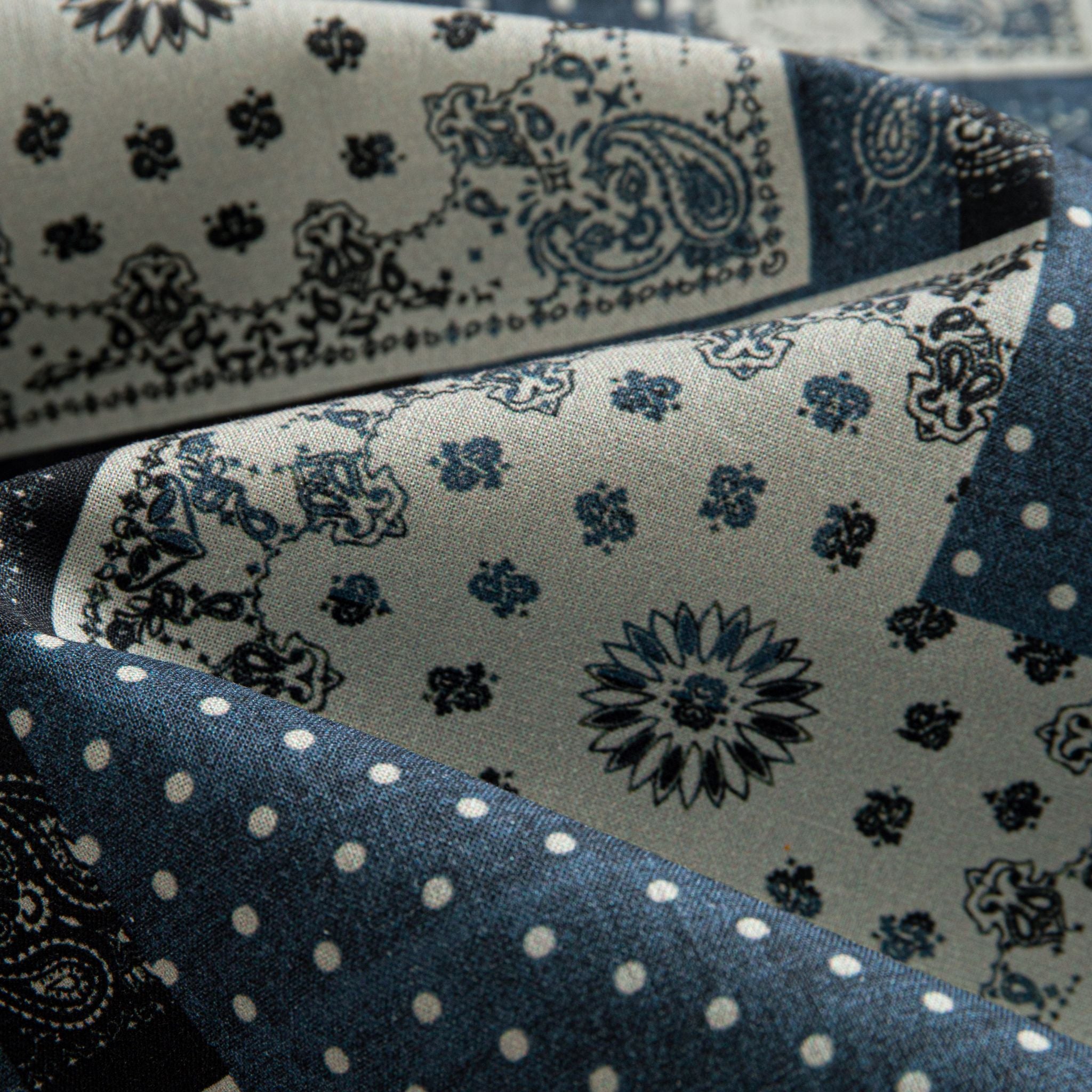 OROMEN Bandana Patchwork shirt fabric close-up, paisley and polka dot bandana patchwork in indigo and off-white cotton