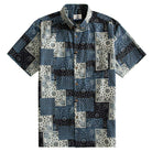 OROMEN Bandana Patchwork shirt front flat lay, allover indigo, black and off-white paisley bandana patchwork print