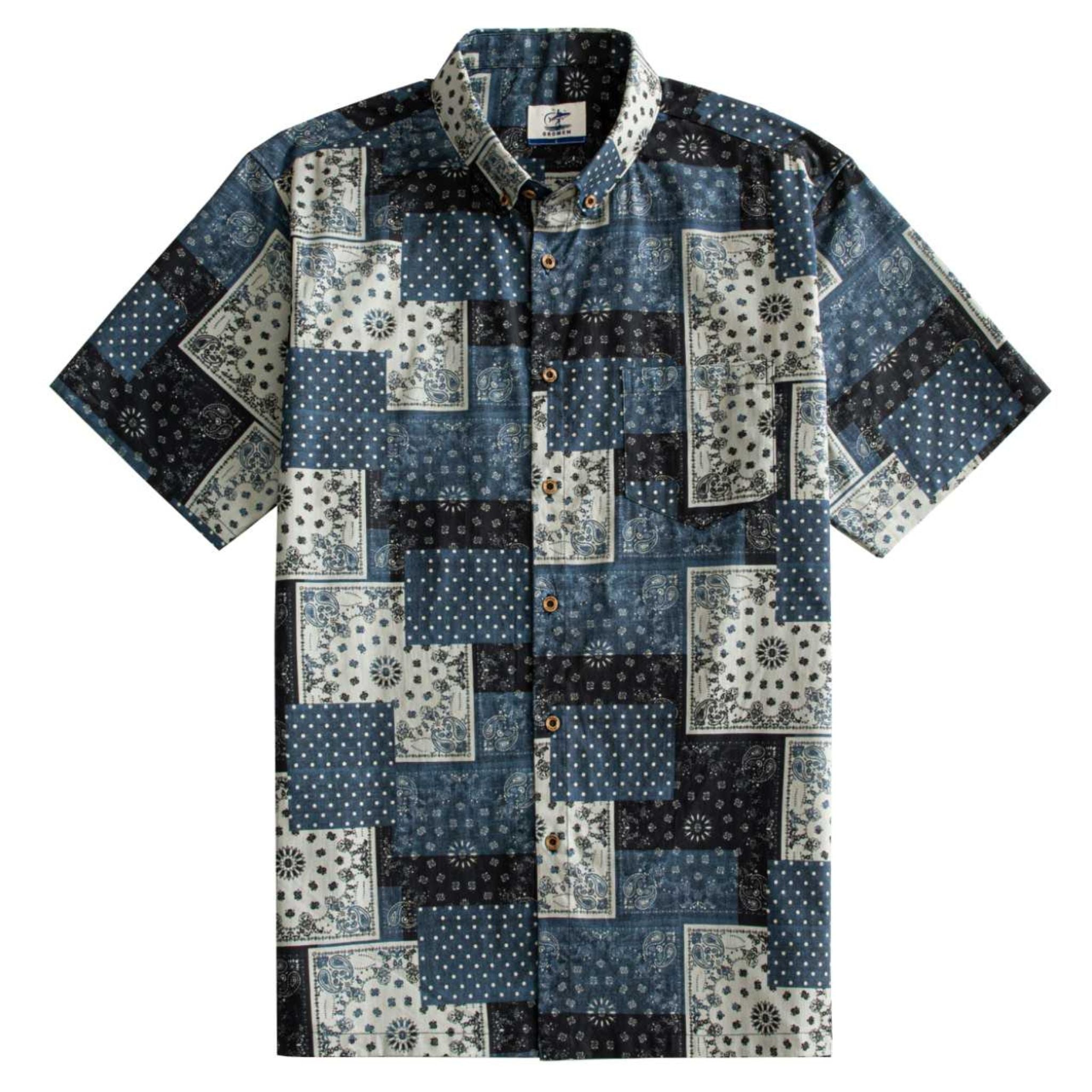 OROMEN Bandana Patchwork shirt front flat lay, allover indigo, black and off-white paisley bandana patchwork print