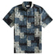 OROMEN Bandana Patchwork shirt front flat lay, allover indigo, black and off-white paisley bandana patchwork print