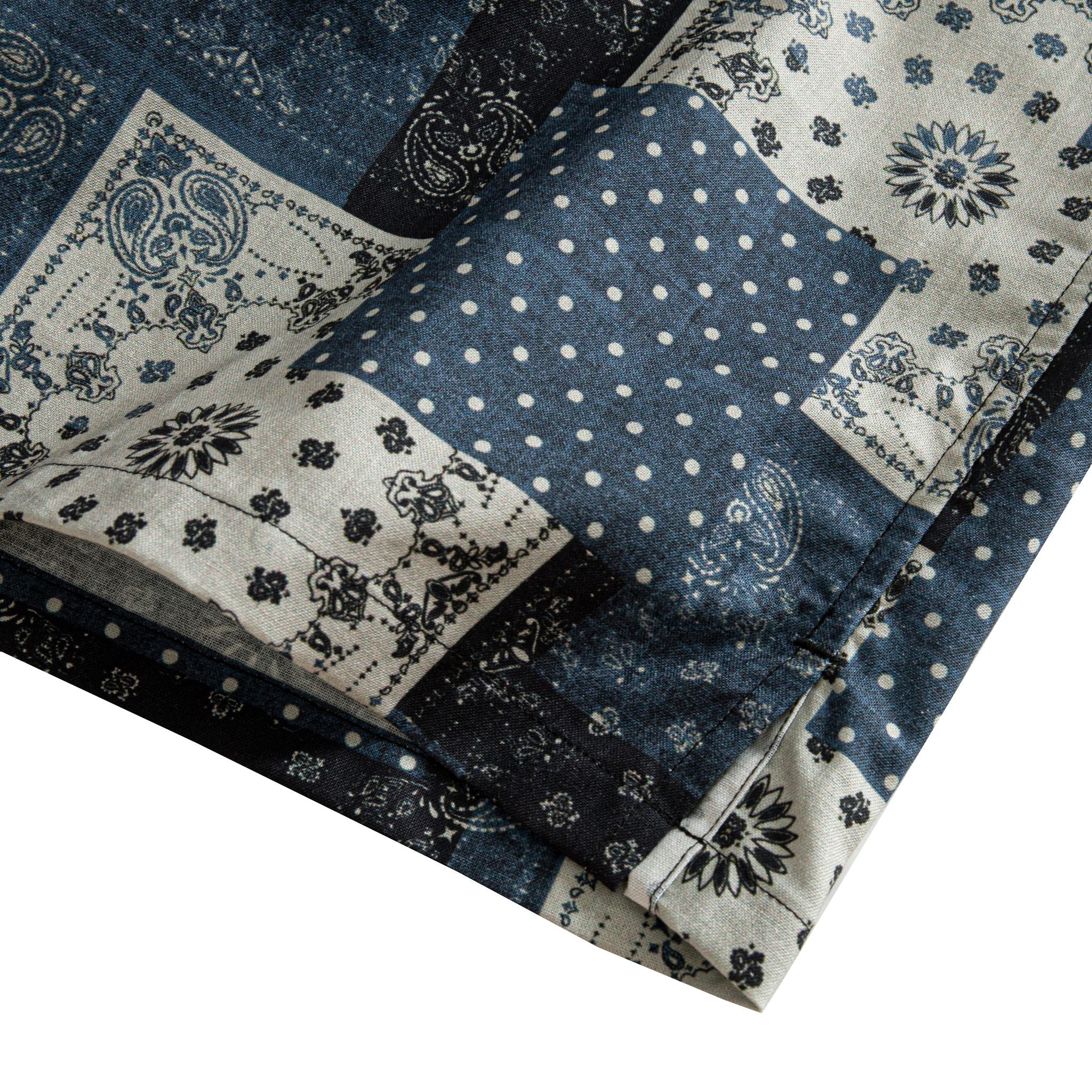 OROMEN Bandana Patchwork shirt side vent and hem detail, indigo black and off-white bandana patchwork with double needle stitching
