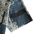 OROMEN Bandana Patchwork shirt sleeve detail, paisley swirls and polka dots in indigo, black and off-white cotton