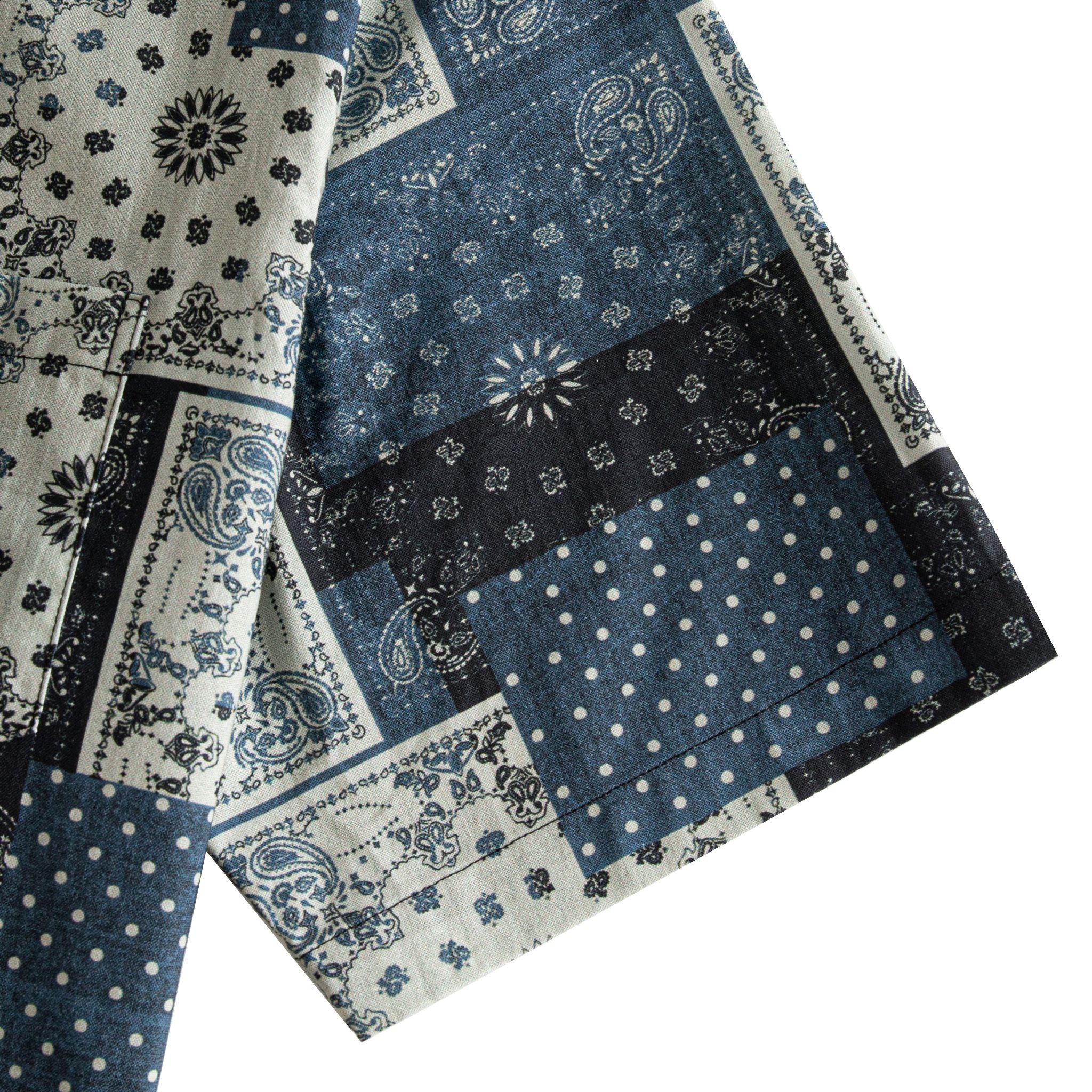 OROMEN Bandana Patchwork shirt sleeve detail, paisley swirls and polka dots in indigo, black and off-white cotton