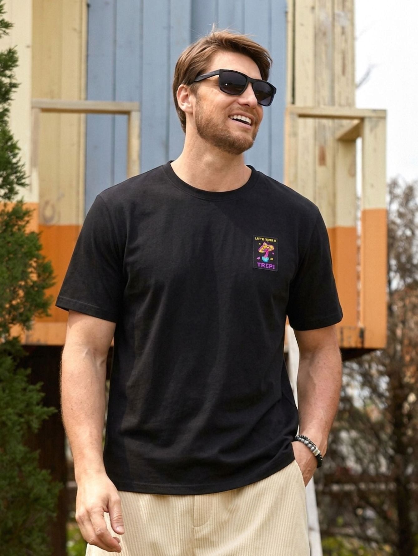 OROMEN Black 100% Cotton Crew Neck "Let's Take A Trip" Mushroom Embroidered T-Shirt - Model Image
