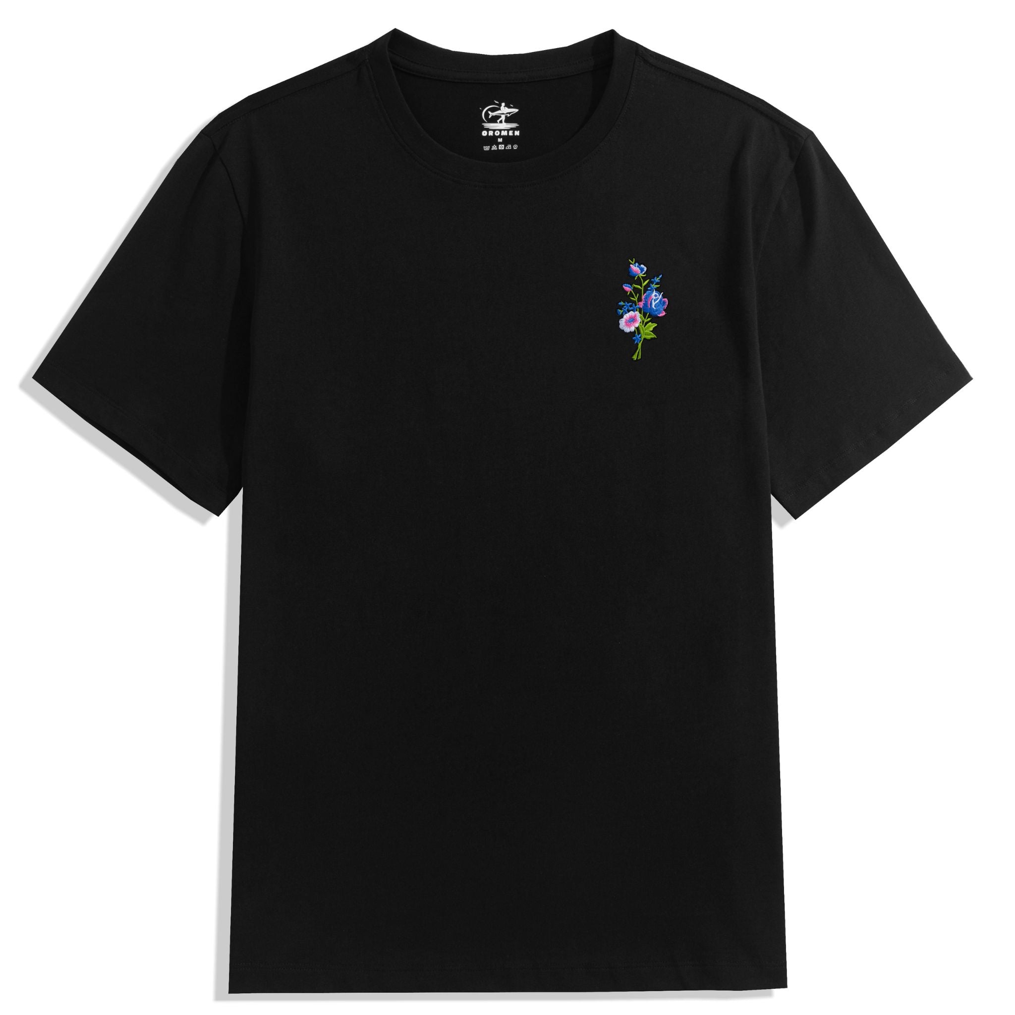 OROMEN Black 100% Cotton Crew Neck Floral Embroidery T-Shirt