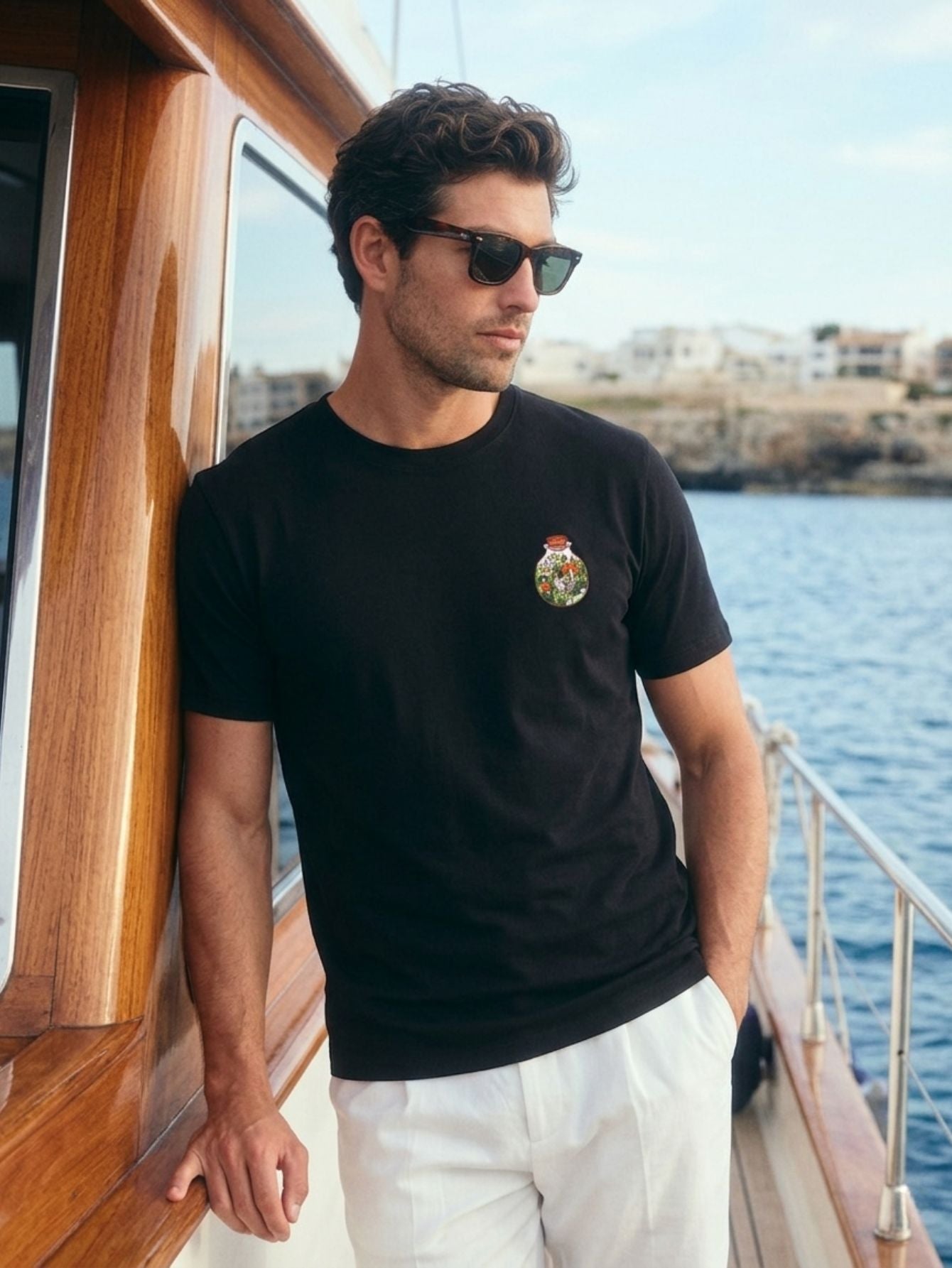 OROMEN Black Bottle Garden Embroidered T-shirt – Model Image