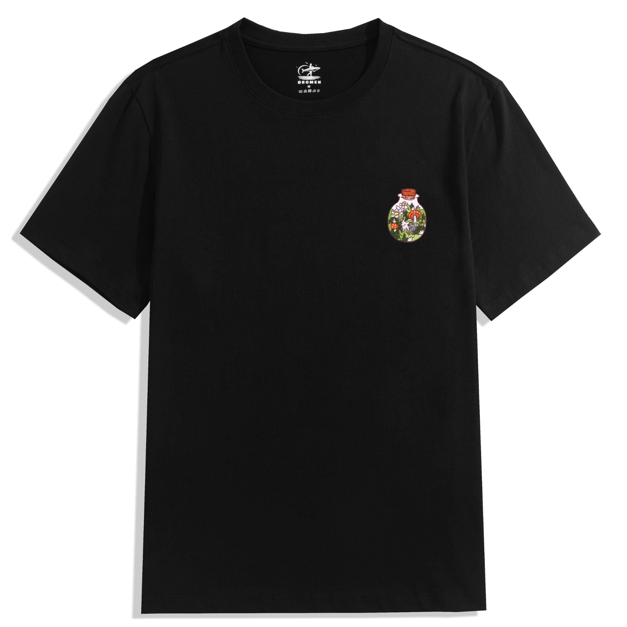 OROMEN Black Bottle Garden Embroidery T-Shirt – Front View