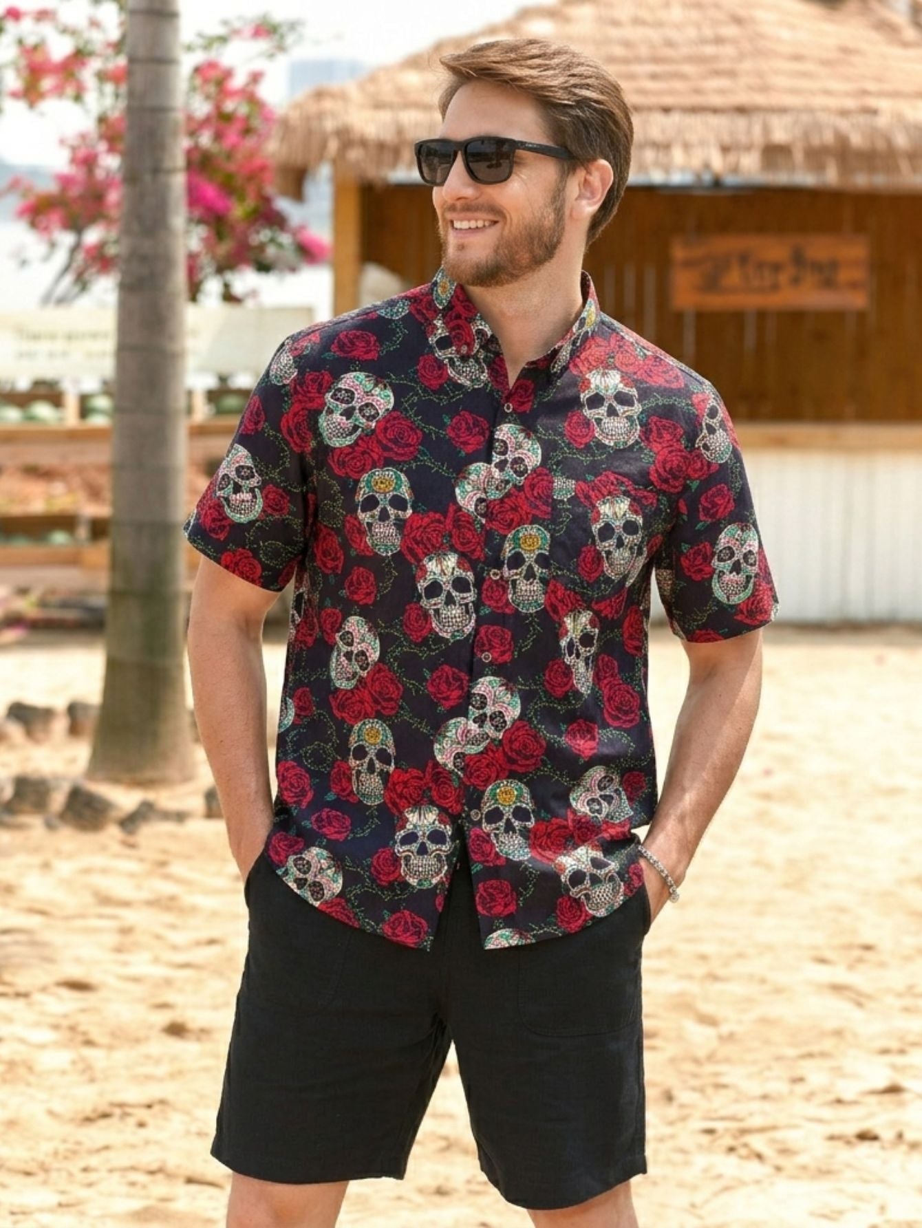 OROMEN Bloom And Death Hawaiian shirt – black sugar skull and red rose print front view on model