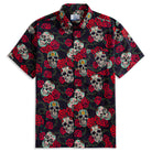 OROMEN Bloom And Death Hawaiian shirt flat lay – black sugar skull and red rose print with coconut buttons and chest pocket