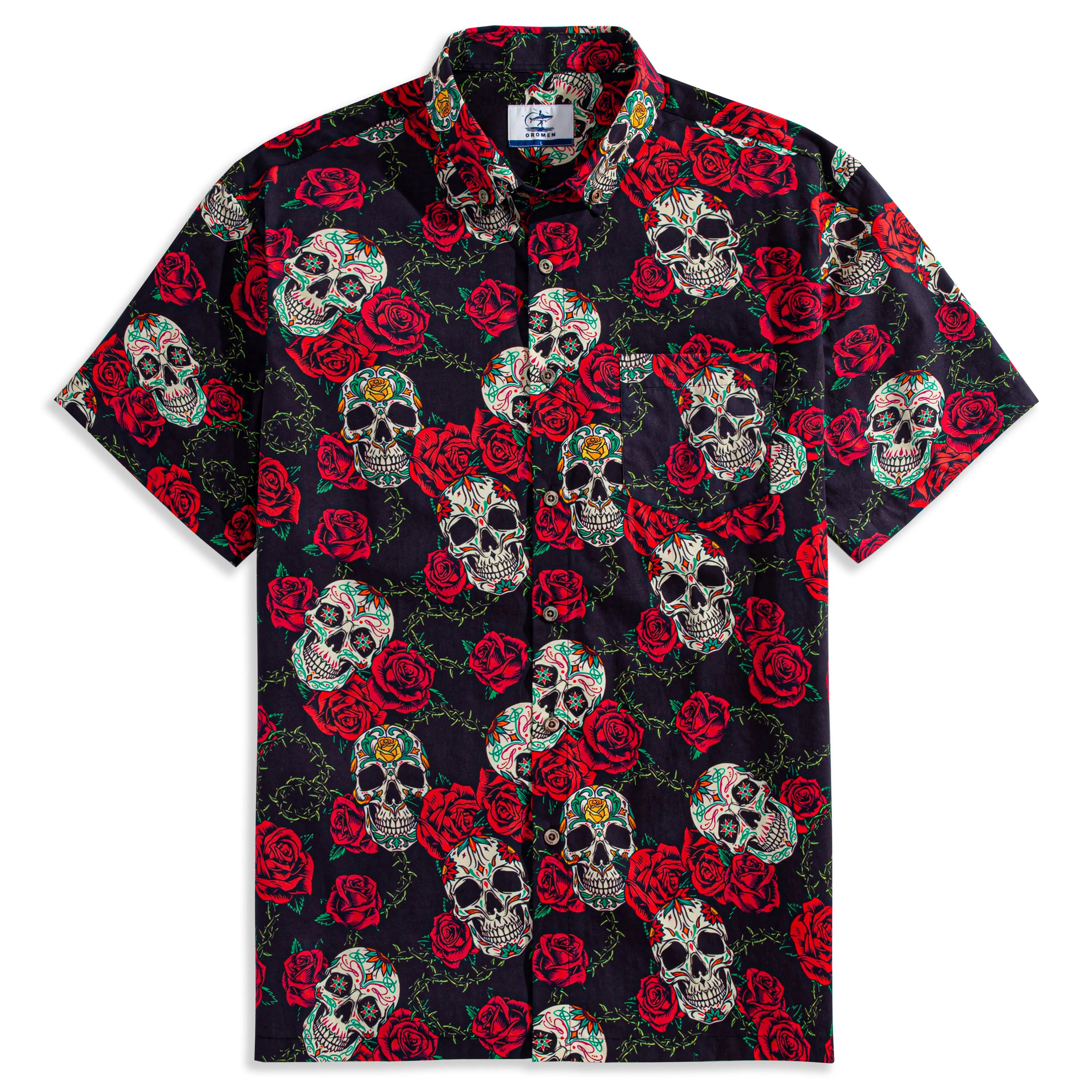 OROMEN Bloom And Death Hawaiian shirt flat lay – black sugar skull and red rose print with coconut buttons and chest pocket