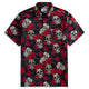 OROMEN Bloom And Death Hawaiian shirt flat lay – black sugar skull and red rose print with coconut buttons and chest pocket