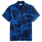 OROMEN Blue Bush Hawaiian shirt flat lay – navy blue tropical leaf print with coconut buttons and chest pocket
