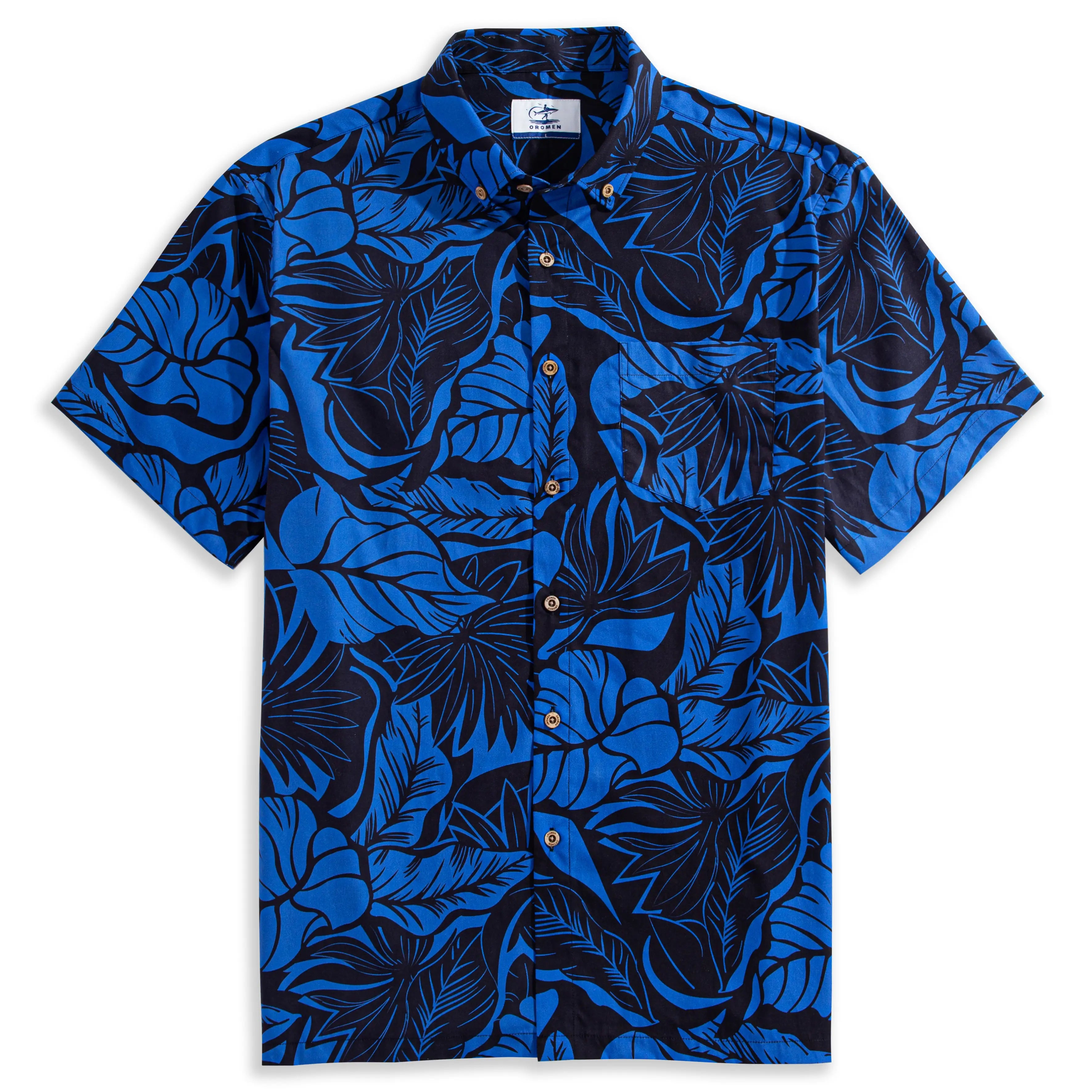 OROMEN Blue Bush Hawaiian shirt flat lay – navy blue tropical leaf print with coconut buttons and chest pocket
