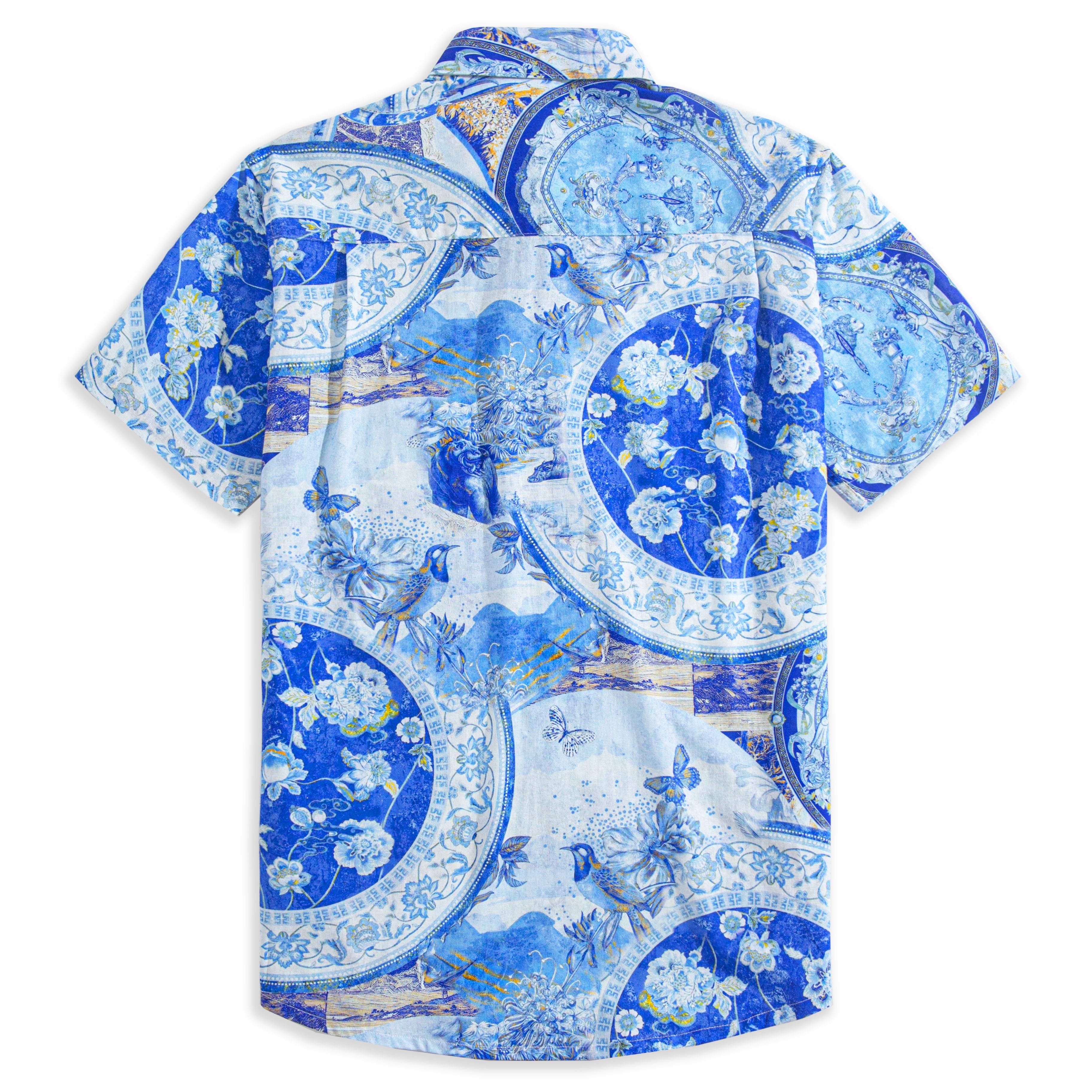 OROMEN Blue Porcelain Art Shirt – Fabric & Print Texture Detail