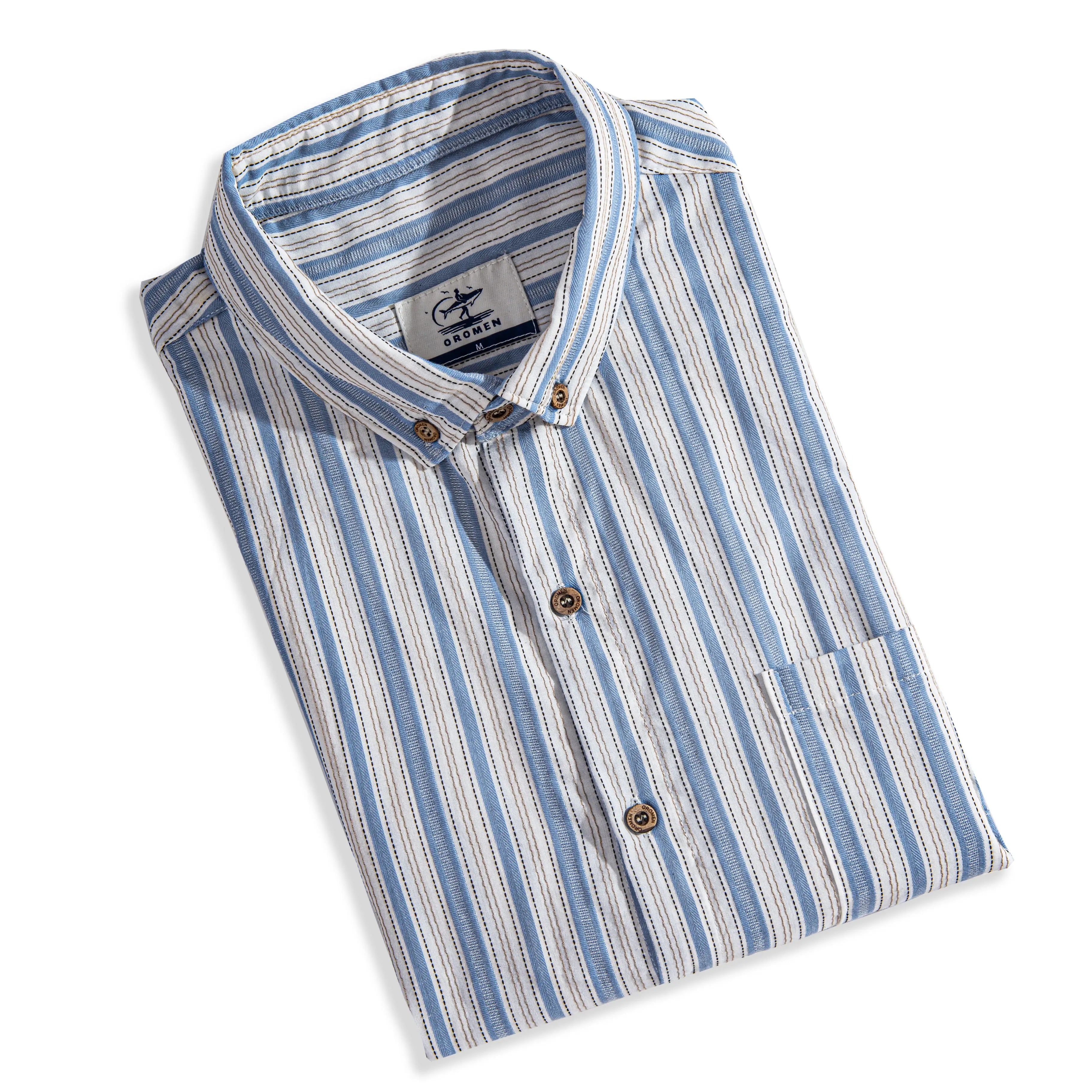 OROMEN Blue Ribbon Striped Shirt – Folded Display, Woven Texture Cotton Fabric