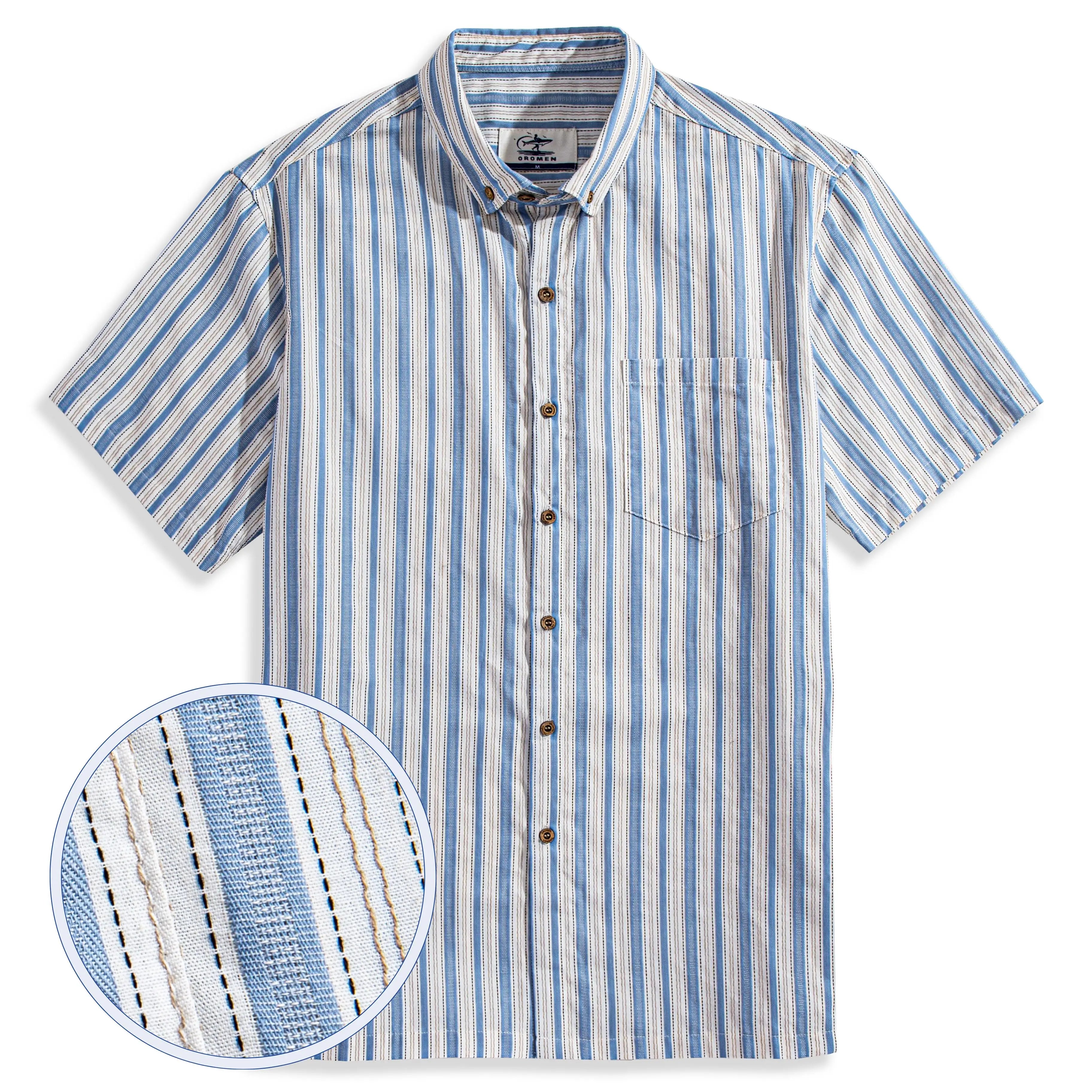 OROMEN Blue Ribbon Striped Shirt – Front View, 100% Cotton Men's Button-Down
