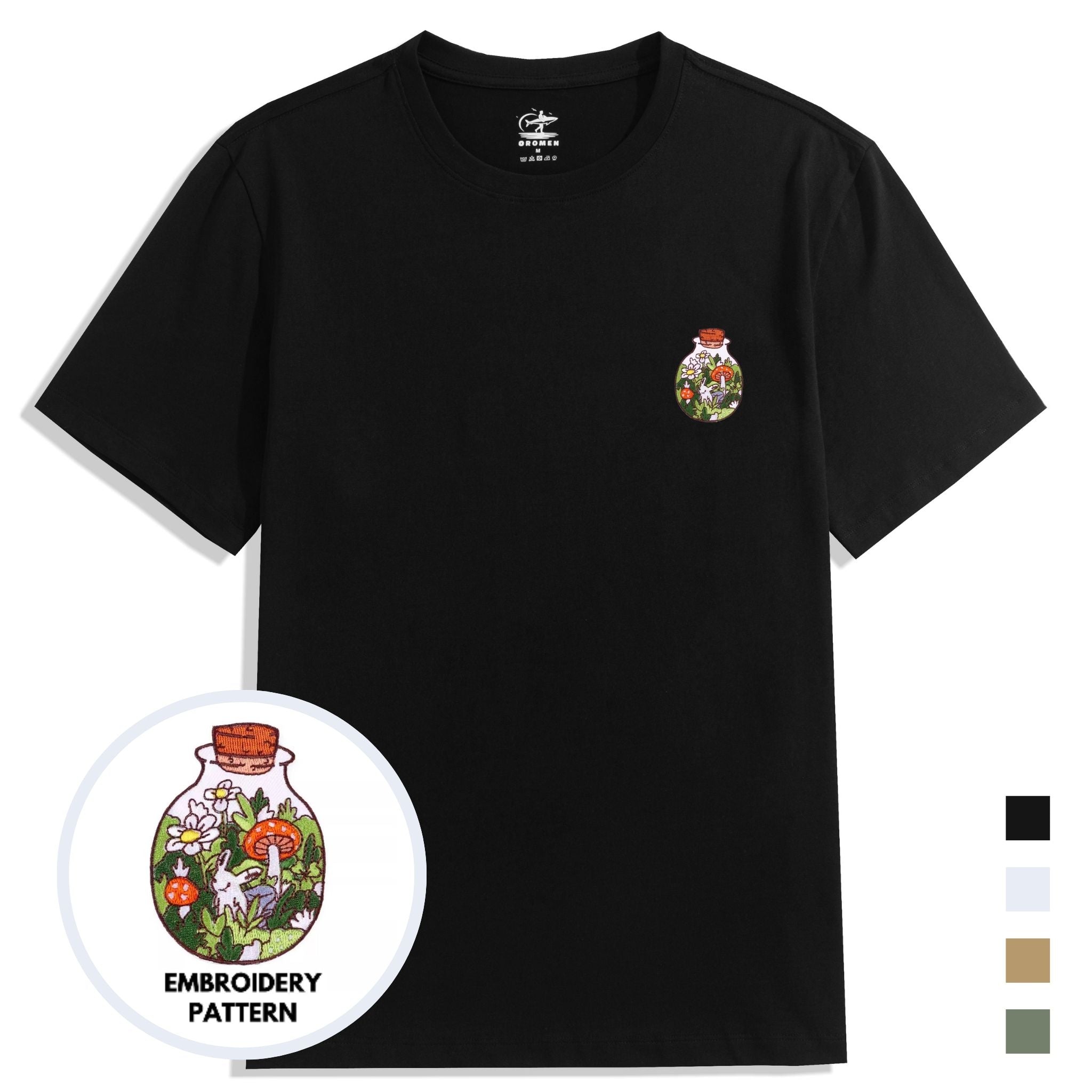 OROMEN Bottle Garden Embroidery Crew Neck T-Shirt – Black, White, Khaki & Army Green Color Overview