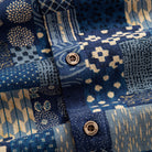 OROMEN Branded Coconut Button Close-up – Indigo Boro Patchwork Shirt